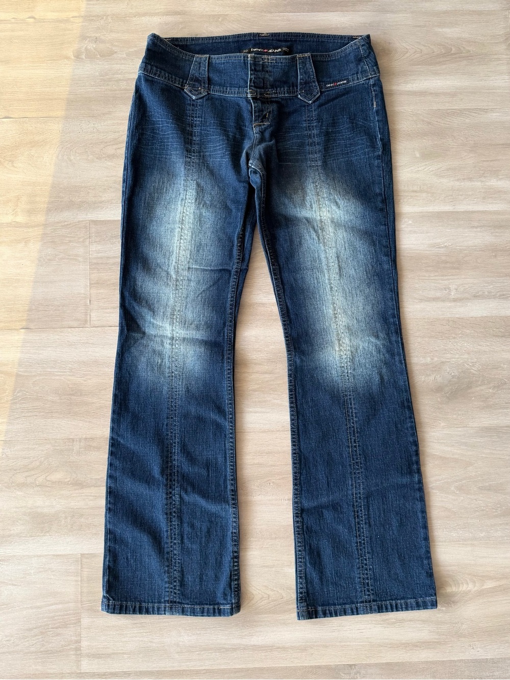 DKNY Vintage Super Low Rise Dark Blue Flared Jeans with Faded Whiskering